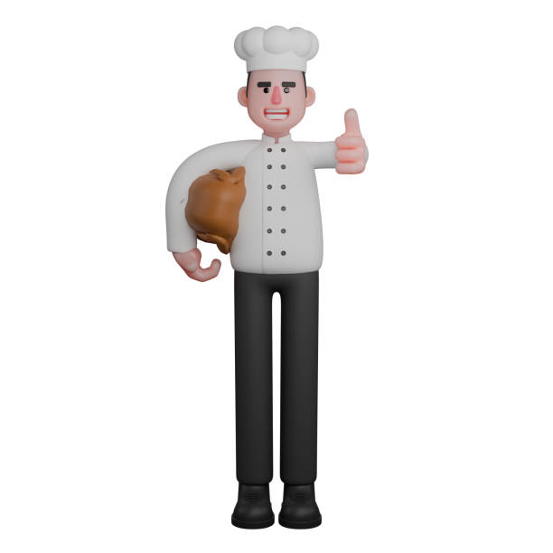 3D Culinary Character. A chef is holding a roasted chicken in one hand while giving a thumbs-up with the other hand. Male Chef Illustration