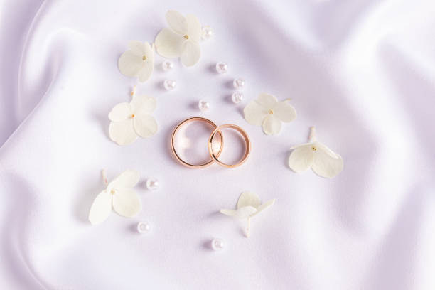 Pair of golden wedding rings on the table  with copy space.