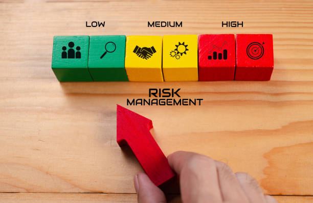 istock Risk management concept. Risk assessment level indicator rating. Business assess measurement. Hand arrow point on green, yellow, red color wooden block, low to high icon, table background, top view 2167863638