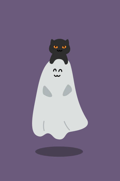istock Ghost with cat. Cute Spirit with Kitten on his head. Halloween illustration. 2167864458