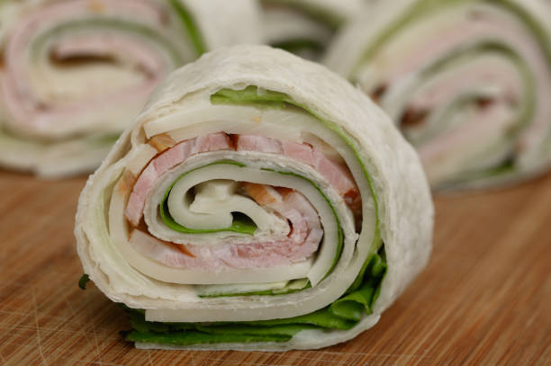 Chicken and meat wraps on table and plate in close-up in slow motion