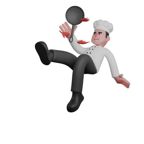 3D Male Chef in Restaurant. A chef is accidentally falling while holding a frying pan filled with shrimp. Cartoon Illustration