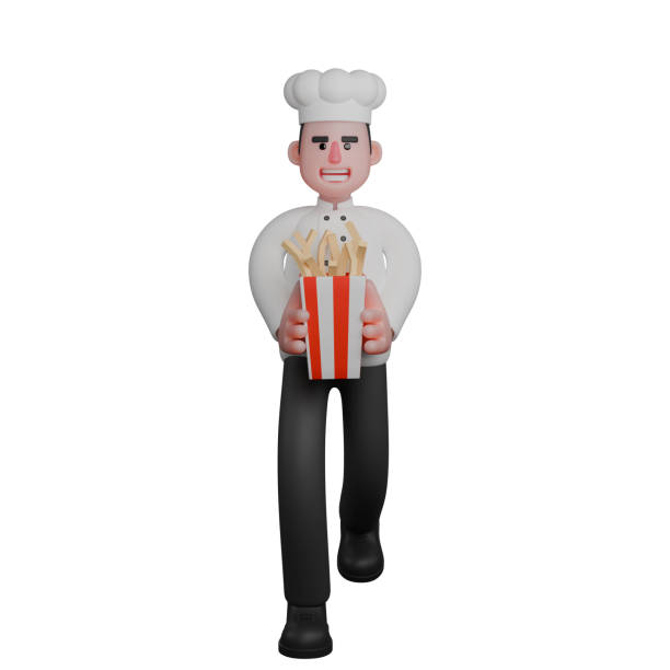3D Model of Professional Male Chef. A confident chef is walking while carrying a large box of French fries. Cartoon