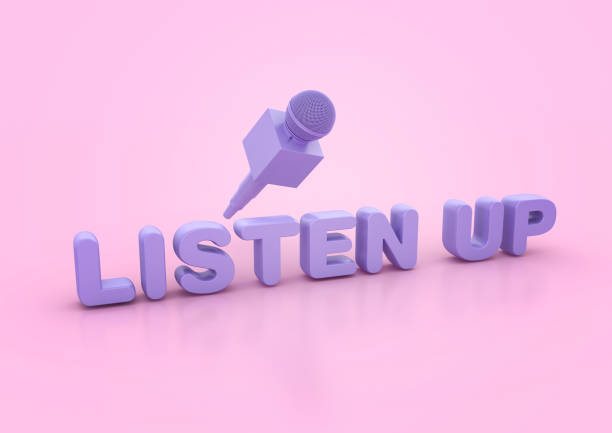 Microphone with Listen Up Word - Colored Background - 3D Rendering