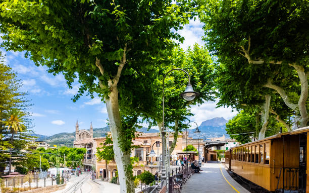 The entrance to the Soller train station, characterized by its quaint, wooden train cars and lush green surroundings. The station is nestled among trees, with mountains visible in the background. The old-fashioned train, with its wooden exterior, stands on the tracks, ready for departure. The area is calm, with few people in sight, emphasizing the scenic and peaceful nature of the location.