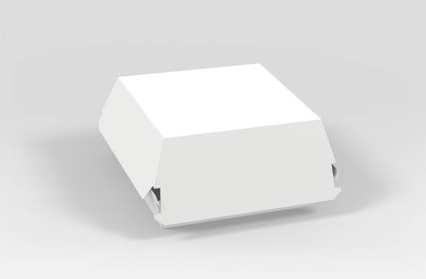 istock Blank white burger carton box mock up isolated on white background, 3d illustration, 3d rendering 2167880685