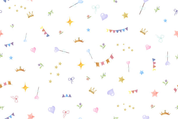 Children's toys and flags on a seamless background. Small golden crowns and cute hearts, stars and bows nearby. Watercolor illustration in digital. Baby clipart, pattern isolated on white background. Children's toys and flags on a seamless background. Small golden crowns and cute hearts, stars and bows nearby. Watercolor illustration in digital. Baby clipart, pattern isolated on white background. clip art of a princess crown wallpaper stock illustrations