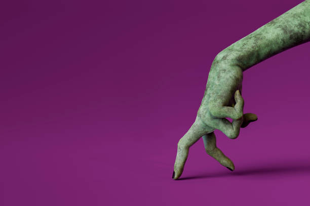 Green zombie hand with long black nails is walking across a purple background. 3d rendering