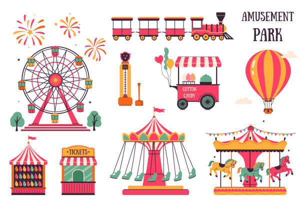 Amusement park set, ticket office, cotton candy cart, Ferris wheel, carousel, balloon, force meter, balloon darts, train Vector image