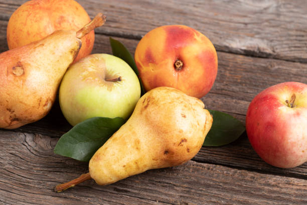 Autumn still life with fruits, berries and autumnal leaves on wooden background.