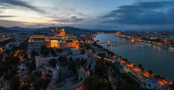 istock Budapest Hungary aerial view sunset night Szechenyi Chain Bridge 2167895356