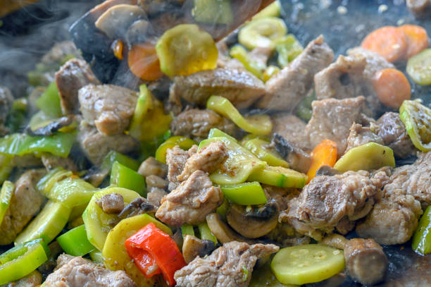Cooked meat meal with vegetables