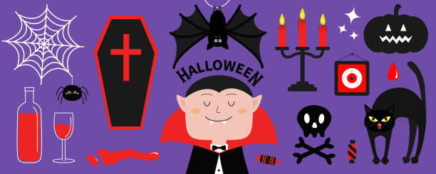 Count Dracula icon set. Happy Halloween. Spider web, bat, blood wine bottle glass, coffin, cat, red eye, pumpkin, candle holder. Cute cartoon kawaii vampire character. Flat design. Violet background. Count Dracula icon set. Happy Halloween. Spider web, bat, blood wine bottle glass, coffin, cat, red eye, pumpkin, candle holder. Cute cartoon vampire character. Flat design. Violet background. Vector child casket stock illustrations