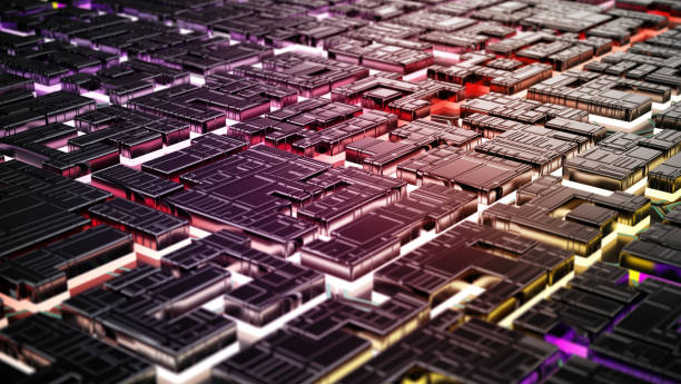 The artwork features a complex arrangement of digital circuitry in various colors and depths, creating a dynamic visual composition.