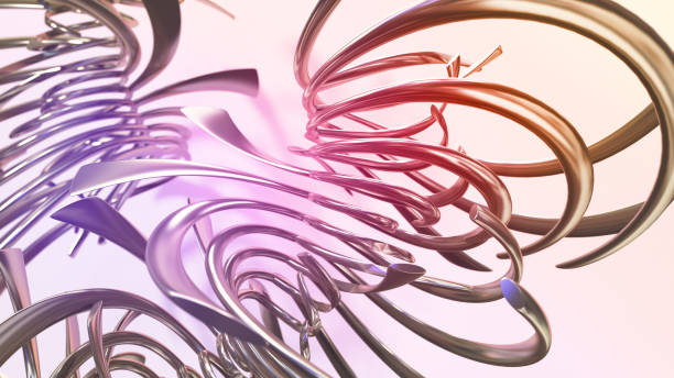 An intricate arrangement of metal-like forms appears to twist and flow, surrounded by a gentle pastel backdrop that enhances the composition.