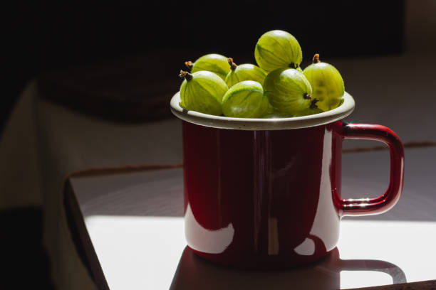 Gooseberries in a red mug and natural sunlight. Fresh green berries on a light tablecloth.