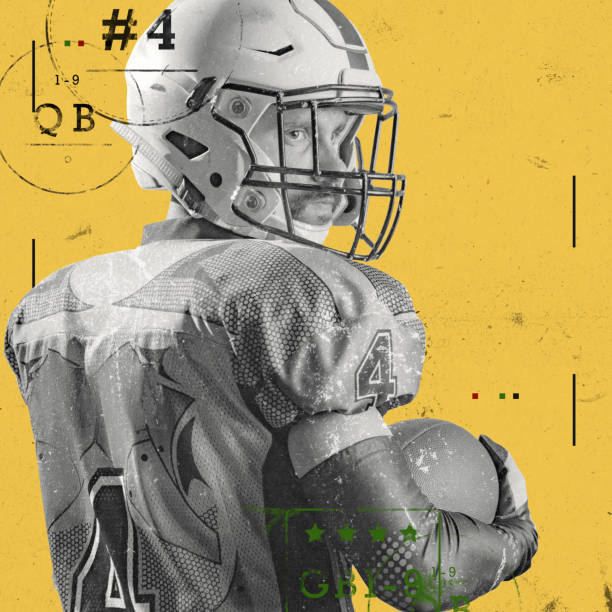 istock Poster. Contemporary artwork. Quarterback, looks over shoulder with intensity against gritty, yellow background. Paper texture. Vintage style design. 2167918917