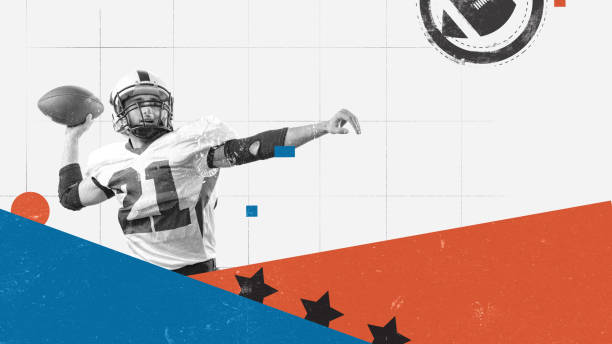 istock Poster. Contemporary artwork. Quarterback, mid-throw against minimalist backdrop of bold geometric shapes in blue and orange. Paper texture. Vintage style design. 2167918919