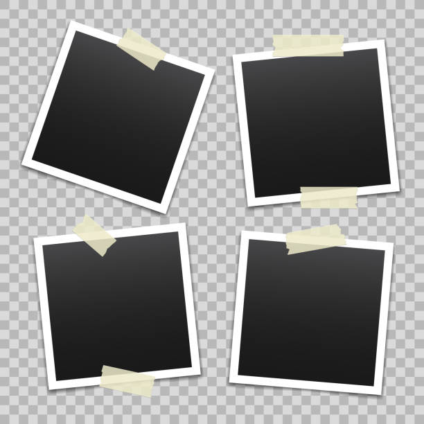 Vector blank photo frames with transparent adhesive tape isolated on transparent background. Template mockup photo design. Torn pieces of masking tape. Vector blank photo frames with transparent adhesive tape isolated on transparent background. Template mockup photo design. Torn pieces of masking tape. transparent background image pictures stock illustrations