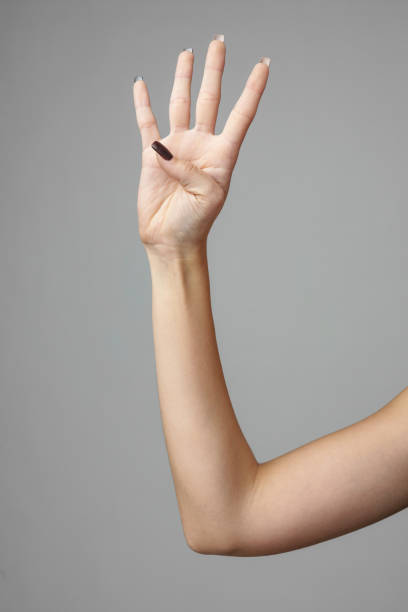 istock Woman's Hand Showing Four Fingers Against Grey Background 2167923531