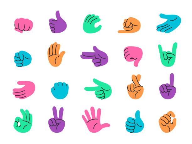 Colorful hand gestures collection. Thumbs up, pointing finger, fist and palm, okay gesture and peace hand signs. Doodle hands icon stickers vector set Colorful hand gestures collection. Thumbs up, pointing finger, fist and palm, okay gesture and peace hand signs. Doodle hands icon stickers vector set. pink promise stock illustrations