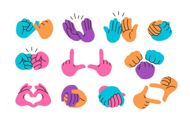ręce trzymające się razem. przybij piątkę, oklaski i uderzenie pięścią, uścisk dłoni dla pary, przycinanie ramki dwie ręce i gesty w kształcie serca zestaw wektorów - przyjaźń obrazy stock illustrations
