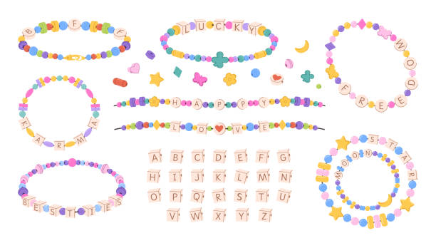 Kid beaded bracelets design kit. Best friends forever BFF, besties and lucky handmade jewelry, DIY friendship bracelet font alphabet letters cube beads vector set Kid beaded bracelets design kit. Best friends forever BFF, besties and lucky handmade jewelry, DIY friendship bracelet font alphabet letters cube beads vector set. Bead stock illustrations