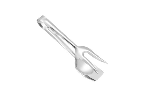 Woman hand holding an opened kitchen tongs isolated on a white background