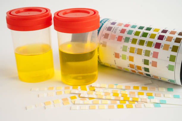 istock Urinalysis, urine cup with reagent strip pH paper test and comparison chart in laboratory. 2167932947