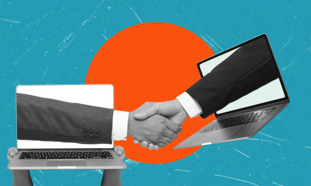 istock Modern art collage featuring handshakes through a laptop on blue background. 2167938487