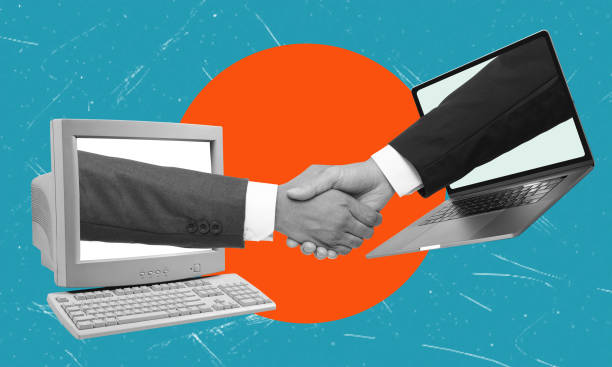 istock Modern art collage featuring handshakes through a laptop on blue background. 2167938497