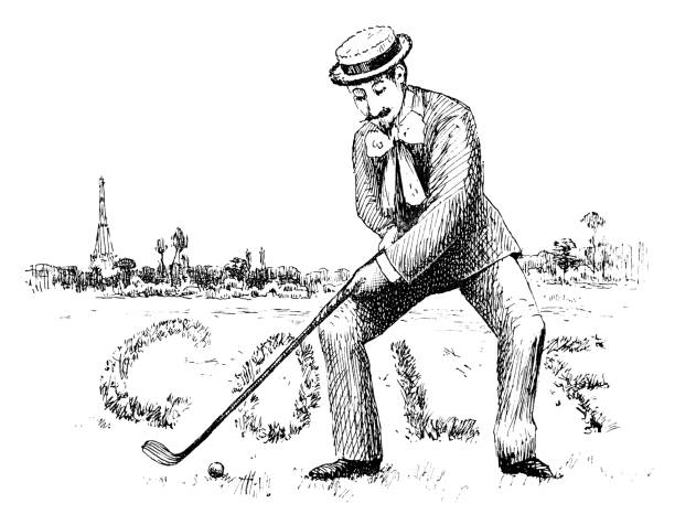 Victorian era golfer golfing in Paris, France. Vintage etching circa 19th century.