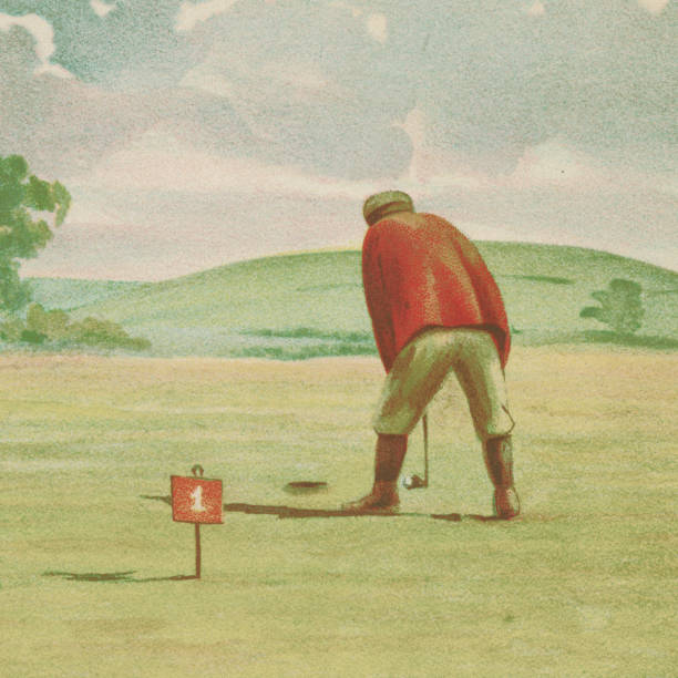 Victorian era golfer putting on the green of the first hole of a golf course. Vintage etching circa 19th century.