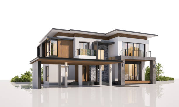 istock Architecture 3d rendering illustration of modern minimal house on white background 2167941243