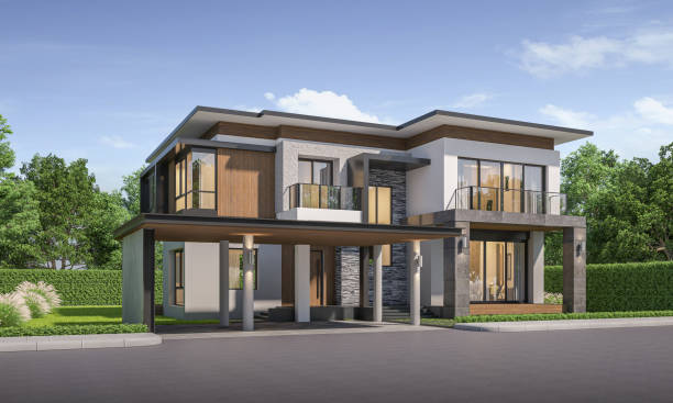 istock Modern house exterior day light with lawn grass.3d rendering 2167941244