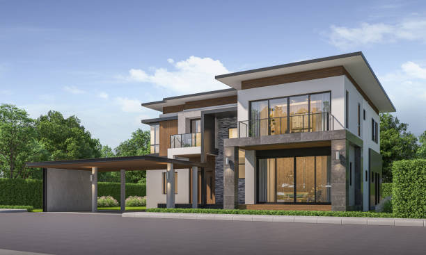 istock Modern house exterior day light with lawn grass.3d rendering 2167941245