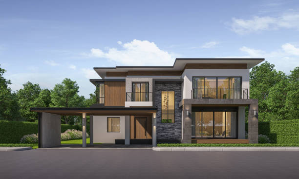 istock Modern house exterior day light with lawn grass.3d rendering 2167941247