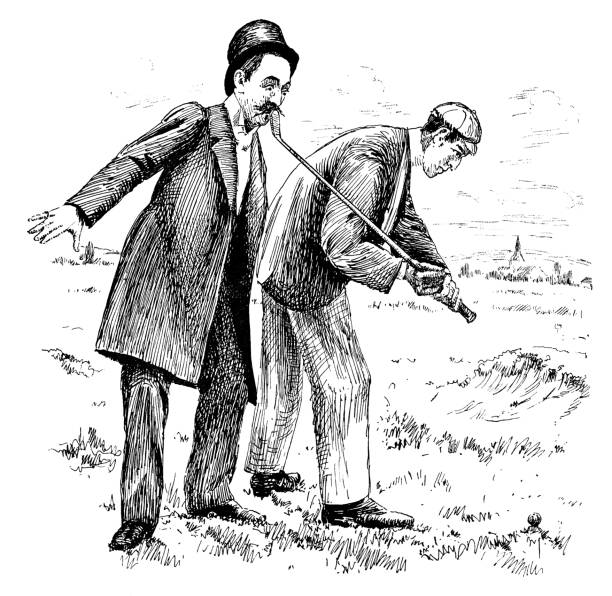 Humorous image of a Victorian golfer and friend too close to his ball on a swing. Vintage etching circa 19th century.