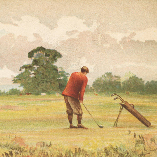 Victorian era golfer swinging on a fairway at a golf course. Vintage etching circa 19th century.