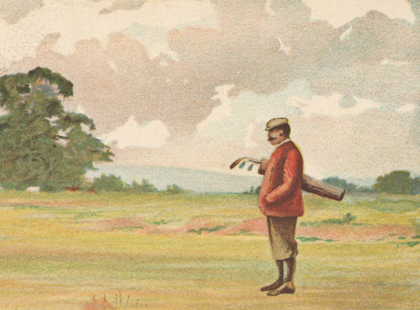 Victorian era golfer with a golf bag standing on a golf course. Vintage etching circa 19th century.