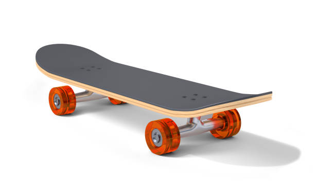 A skateboard with orange wheels and a black deck