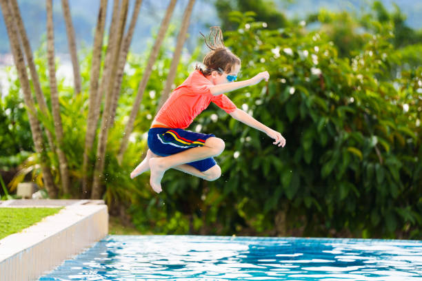 istock Kids jump into swimming pool. Summer water fun. 2167943980