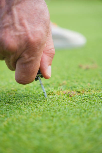 istock A man is using a screwdriver to poke a hole in the grass 2167944609