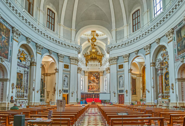 Este, Italy - April 7, 2023: The nave with the altarpiece by Giambattista Tiepoloin the  Abbey Cathedral of Santa Tecla
