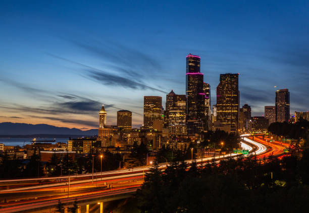 Shot on 6-19-2022 in Seattle Washington, USA. Shows the city buildings during dim light.