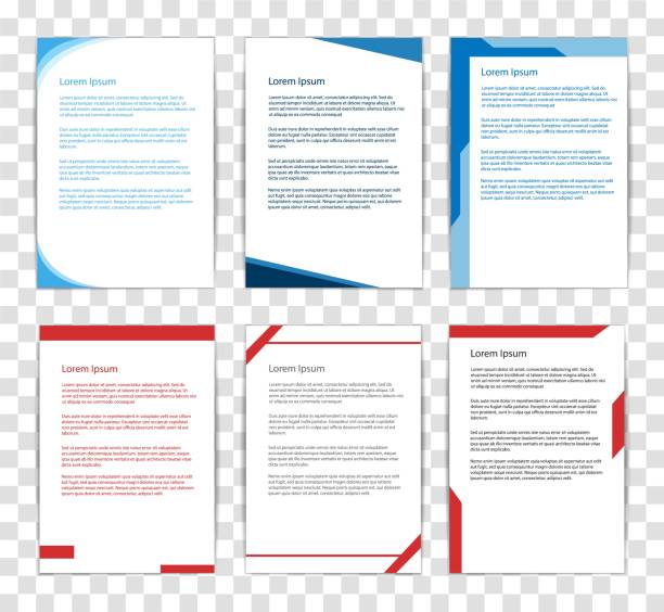 Three modern document templates with red and blue accents. Each template features different red design elements and text placement, offering a diverse range of professional layouts, mockup Three modern document templates with red and blue accents. Each template features different red design elements and text placement, offering a diverse range of professional layouts, mockup. header footer template stock illustrations