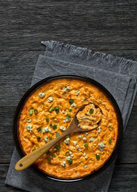 hot buffalo chicken dip in baking dish, top view