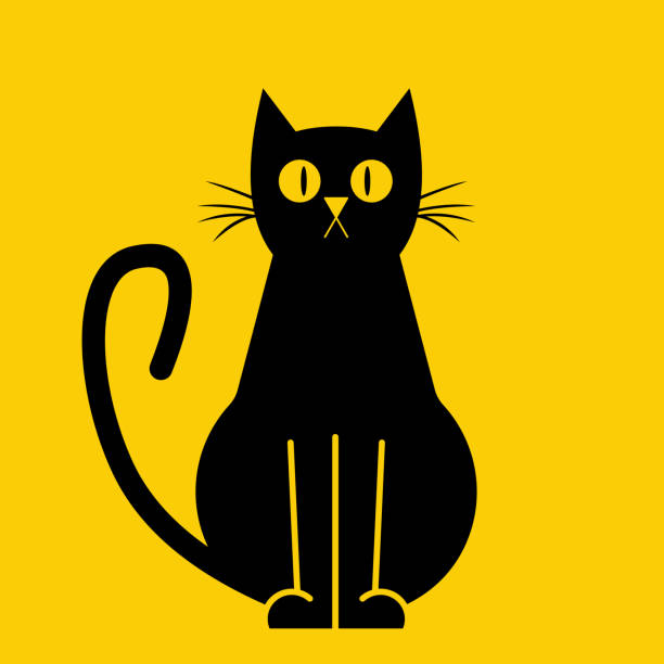 Black Cat Illustration Graphic illustration of a black cat with bold lines and striking eyes set against a vibrant yellow background. Perfect for themes of minimalism, elegance, and modern design. face-angles stock illustrations