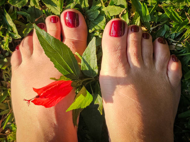 feet and flower with red nails