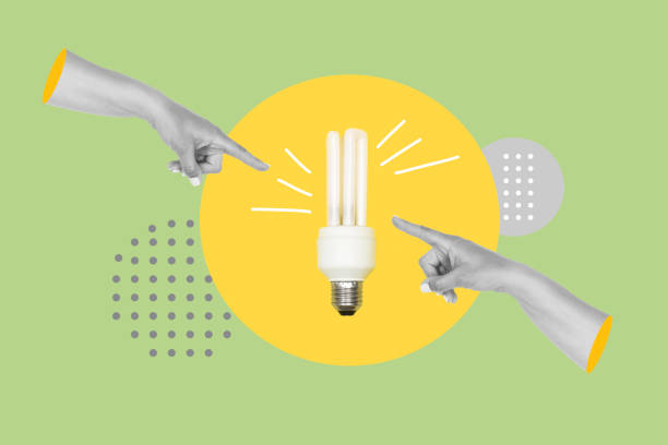 istock Woman hands pointing a light bulb on a yellow circle on a green background 2167960224